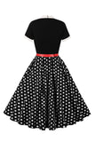 A Line Zwarte Polka Dots Korte Mouwen 1950 Jurk met Riem