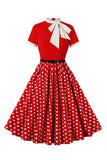 A Line Zwarte Polka Dots Korte Mouwen 1950 Jurk met Riem