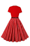 A Line Zwarte Polka Dots Korte Mouwen 1950 Jurk met Riem