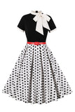 A Line Zwarte Polka Dots Korte Mouwen 1950 Jurk met Riem