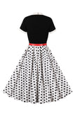 A Line Zwarte Polka Dots Korte Mouwen 1950 Jurk met Riem