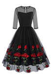 Zwarte A Line Rose Floral jaren 1950 jurk met halve mouwen