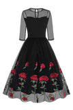 Zwarte A Line Rose Floral jaren 1950 jurk met halve mouwen