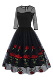 Zwarte A Line Rose Floral jaren 1950 jurk met halve mouwen