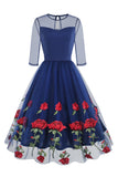 Zwarte A Line Rose Floral jaren 1950 jurk met halve mouwen