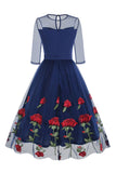 Zwarte A Line Rose Floral jaren 1950 jurk met halve mouwen