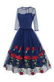 Zwarte A Line Rose Floral jaren 1950 jurk met halve mouwen