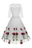 Zwarte A Line Rose Floral jaren 1950 jurk met halve mouwen