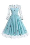 Floral Blue A Line jaren 1950 jurk met lange mouwen