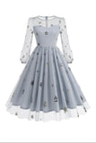 Floral Blue A Line jaren 1950 jurk met lange mouwen