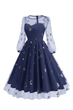 Floral Blue A Line jaren 1950 jurk met lange mouwen