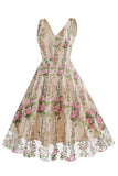 Zwarte Bloemen Kant Borduurwerk Mouwloze Elegante Vintage Jurk