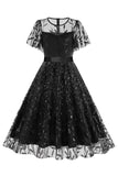 Abrikoos pailletten blad geborduurd mesh overlay elegante vintage jurk