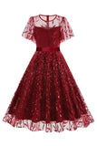 Abrikoos pailletten blad geborduurd mesh overlay elegante vintage jurk