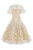 Abrikoos pailletten blad geborduurd mesh overlay elegante vintage jurk