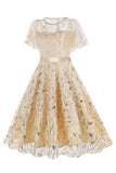 Abrikoos pailletten blad geborduurd mesh overlay elegante vintage jurk