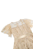 Abrikoos pailletten blad geborduurd mesh overlay elegante vintage jurk