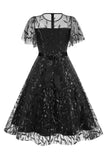 Abrikoos pailletten blad geborduurd mesh overlay elegante vintage jurk