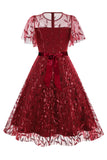 Abrikoos pailletten blad geborduurd mesh overlay elegante vintage jurk