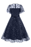 Abrikoos pailletten blad geborduurd mesh overlay elegante vintage jurk