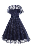 Abrikoos pailletten blad geborduurd mesh overlay elegante vintage jurk