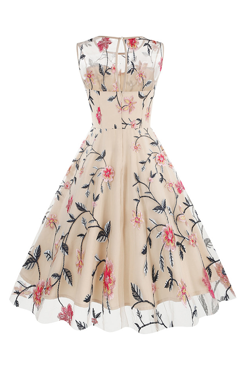 Abrikoos Elegante Bloemen Geborduurde Mouwloze Midi Vintage Jurk