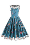 Abrikoos Elegante Bloemen Geborduurde Mouwloze Midi Vintage Jurk