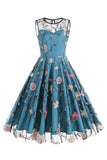 Abrikoos Elegante Bloemen Geborduurde Mouwloze Midi Vintage Jurk