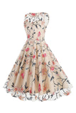 Abrikoos Elegante Bloemen Geborduurde Mouwloze Midi Vintage Jurk