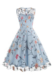 Abrikoos Elegante Bloemen Geborduurde Mouwloze Midi Vintage Jurk