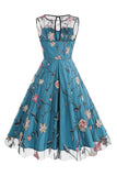 Abrikoos Elegante Bloemen Geborduurde Mouwloze Midi Vintage Jurk