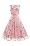 Abrikoos Elegante Bloemen Geborduurde Mouwloze Midi Vintage Jurk