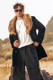 Zwarte Luxe Faux Fur Lange Mouwen Lange Heren Winter Bovenkleding