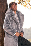 Grijze capuchon lange mouwen faux fur winter herenjas