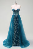 Sparkly Peacock Blue Mermaid Strapless Korset Lange Galajurk met Split