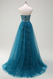 Sparkly Peacock Blue Mermaid Strapless Korset Lange Galajurk met Split