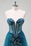 Sparkly Peacock Blue Mermaid Strapless Korset Lange Galajurk met Split