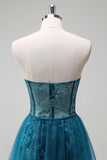 Sparkly Peacock Blue Mermaid Strapless Korset Lange Galajurk met Split