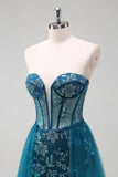 Sparkly Peacock Blue Mermaid Strapless Korset Lange Galajurk met Split