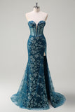 Sparkly Peacock Blue Mermaid Strapless Korset Lange Galajurk met Split