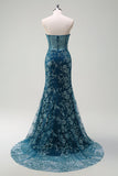 Sparkly Peacock Blue Mermaid Strapless Korset Lange Galajurk met Split