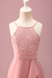 Blush Halter Hals A-Line Chiffon Junior Bruidsmeisje Jurk met Ruches