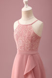 Blush Halter Hals A-Line Chiffon Junior Bruidsmeisje Jurk met Ruches