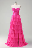 Fuchsia A Line Strapless Korset Gelaagde Galajurk met Ruches