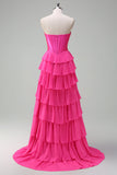 Fuchsia A Line Strapless Korset Gelaagde Galajurk met Ruches