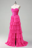 Fuchsia A Line Strapless Korset Gelaagde Galajurk met Ruches