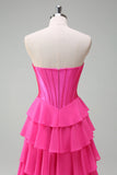 Fuchsia A Line Strapless Korset Gelaagde Galajurk met Ruches