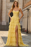 Fuchsia A Line Strapless Korset Gelaagde Galajurk met Ruches