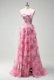 Floral A Line Strapless Korset Gelaagde Blush Prom Dress met Split