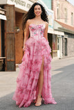 Floral A Line Strapless Korset Gelaagde Blush Prom Dress met Split